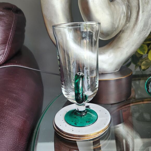 Set of 4 Vtg Pedestal Glass Irish Coffee Bar Mugs w/ Green Accent MCM Art Deco - Picture 6 of 9